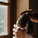 Mãos segurando um objeto próximo à janela, com luz lateral marcando o relevo
