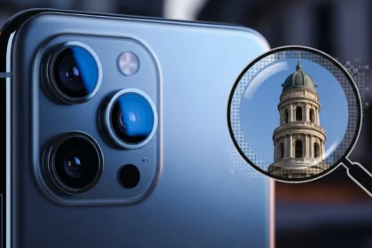 Smartphone enquadrando cena distante com o controle de zoom visível na tela