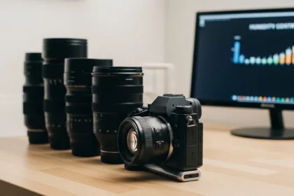 Equipamento fotográfico organizado em caixa de armazenamento com controle de umidade