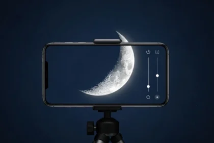 Lua fotografada com detalhe visível de crateras contra céu noturno
