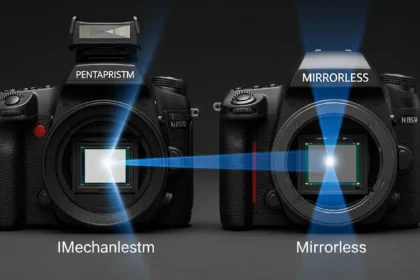 Câmera DSLR e câmera mirrorless posicionadas lado a lado sobre superfície neutra