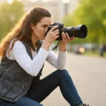Câmera DSLR full frame apoiada sobre superfície com lente montada
