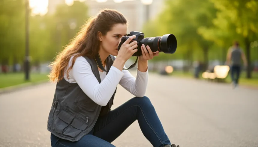 Câmera DSLR full frame apoiada sobre superfície com lente montada