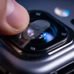 Lente traseira de celular sendo limpa com pano de microfibra