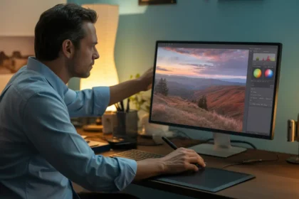 Edição de fotografia em monitor com máscara de ajuste aplicada a uma região