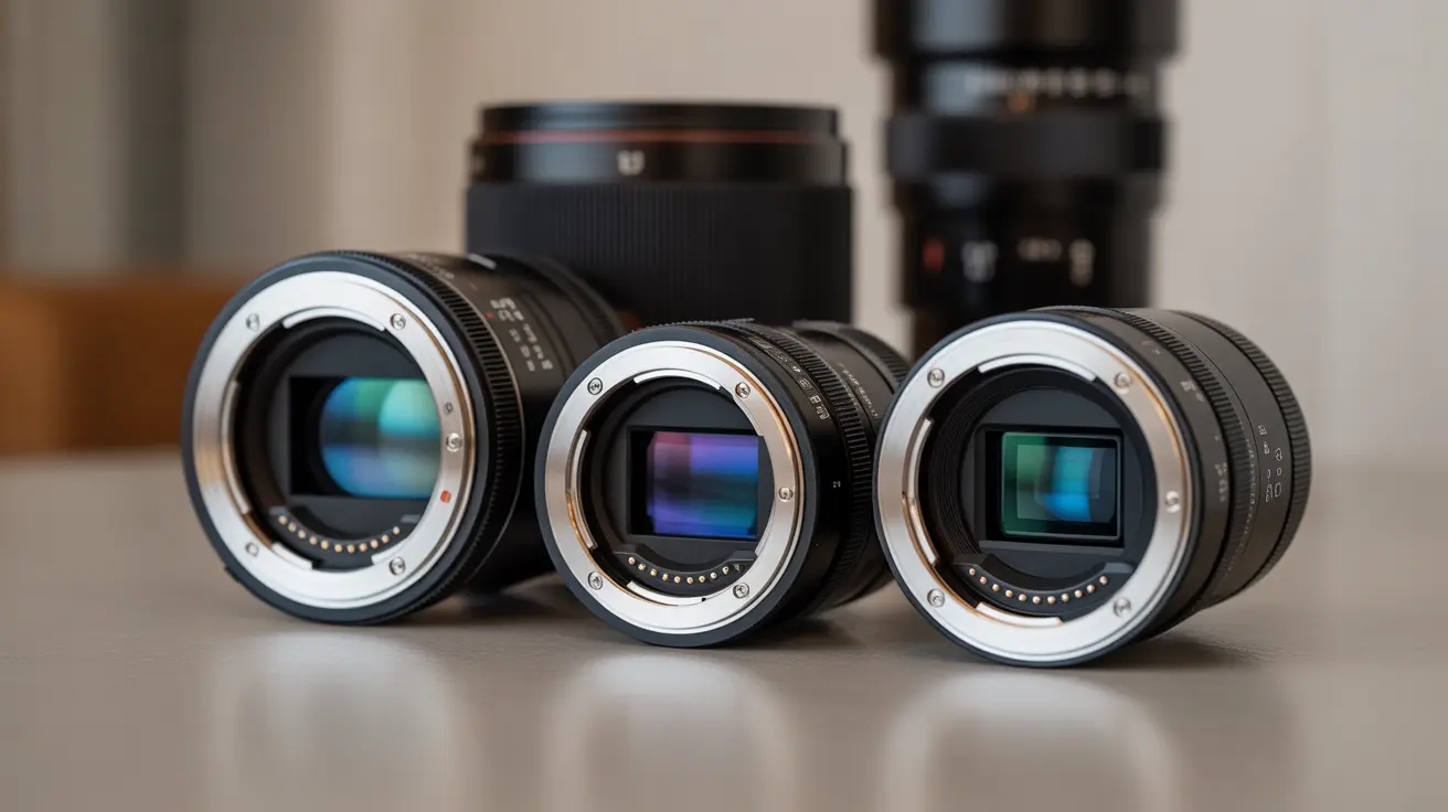 Conjunto de lentes fotográficas dispostas lado a lado sobre superfície clara