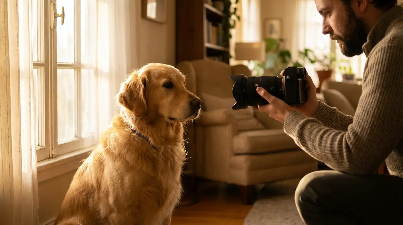 Cachorro fotografado em ambiente doméstico com luz natural vinda da janela