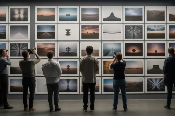 Construção simétrica fotografada com alinhamento preciso e reflexo na água