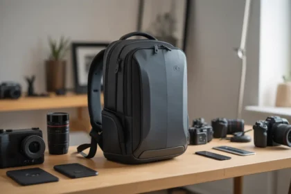 Mochila fotográfica com equipamento organizado em suas divisórias internas