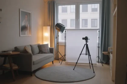 Estúdio fotográfico caseiro montado com iluminação, fundo e tripé em sala residencial