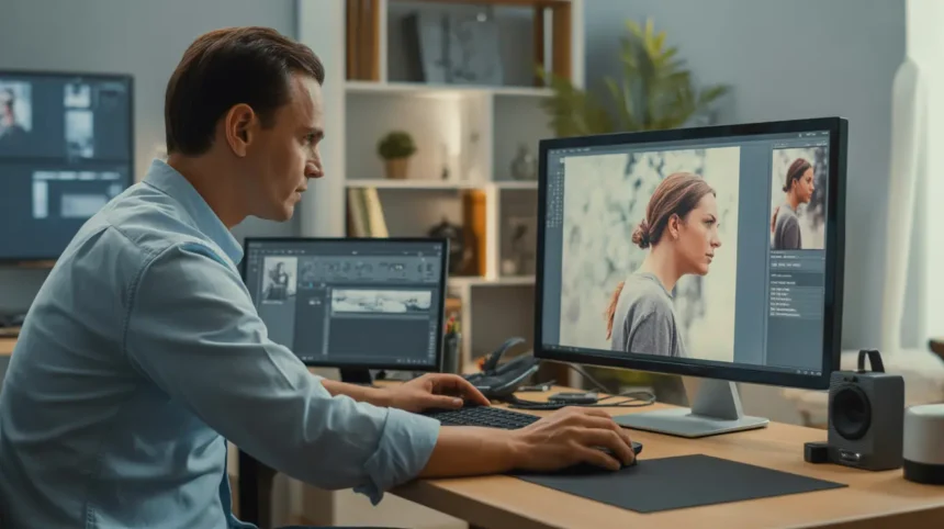 Edição de imagem em monitor com área selecionada para remoção de um elemento