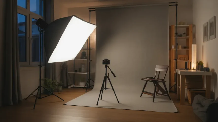 Estúdio caseiro montado com softbox, fundo claro e tripé em ambiente pequeno