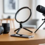 Acessórios de fotografia mobile sobre mesa de madeira: lentes, iluminador circular, luz de LED e tripés de mesa