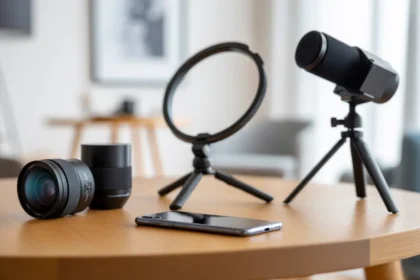 Acessórios de fotografia mobile sobre mesa de madeira: lentes, iluminador circular, luz de LED e tripés de mesa