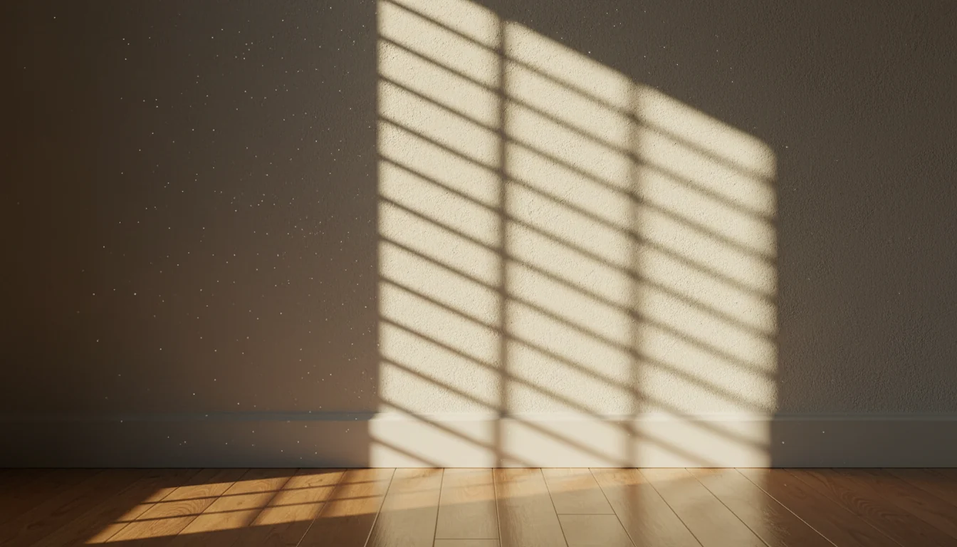 Luz do sol atravessando persianas e formando faixas paralelas de luz e sombra em parede e piso