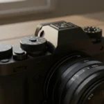 Seletores de ISO e velocidade no topo de uma câmera mirrorless com anel de abertura na lente