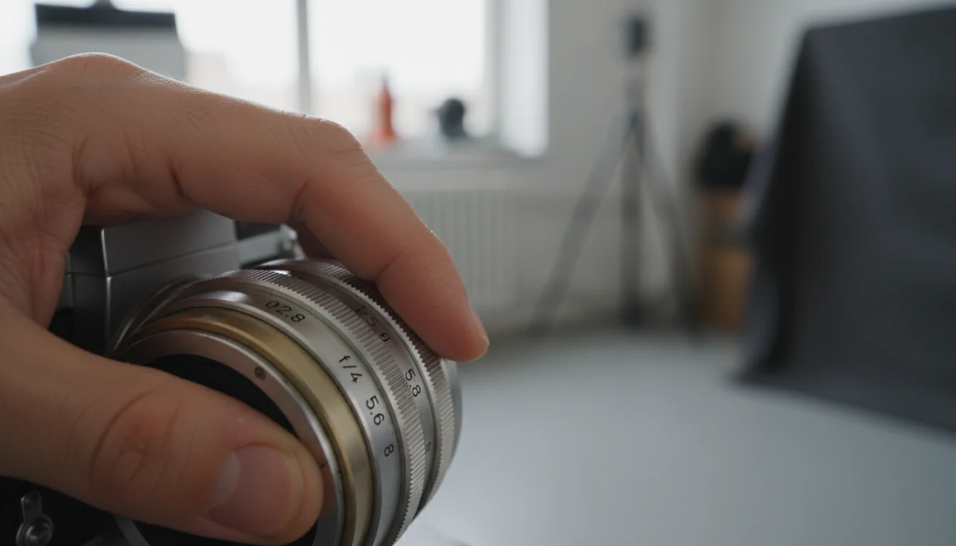 Mão de fotógrafo girando o anel de abertura de uma lente com marcações de f gravadas