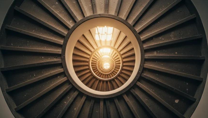 Escada em caracol vista de cima formando uma espiral que se fecha em direção ao centro iluminado